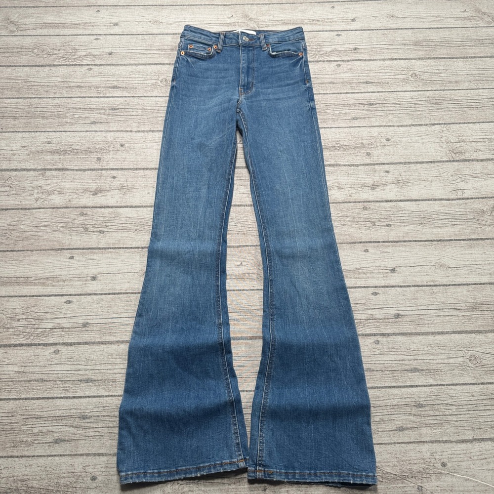 Zara Jeans Women's 2 Blue Flare Denim High Waisted Bell Bottom Slim Fit Stretch